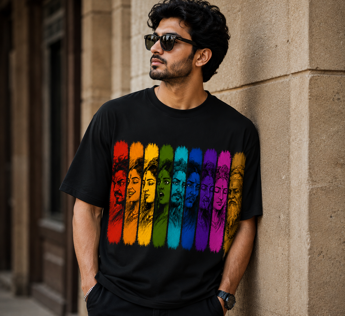 Navraas Nine Emotions Tee - male model wearing black oversized tee, front view