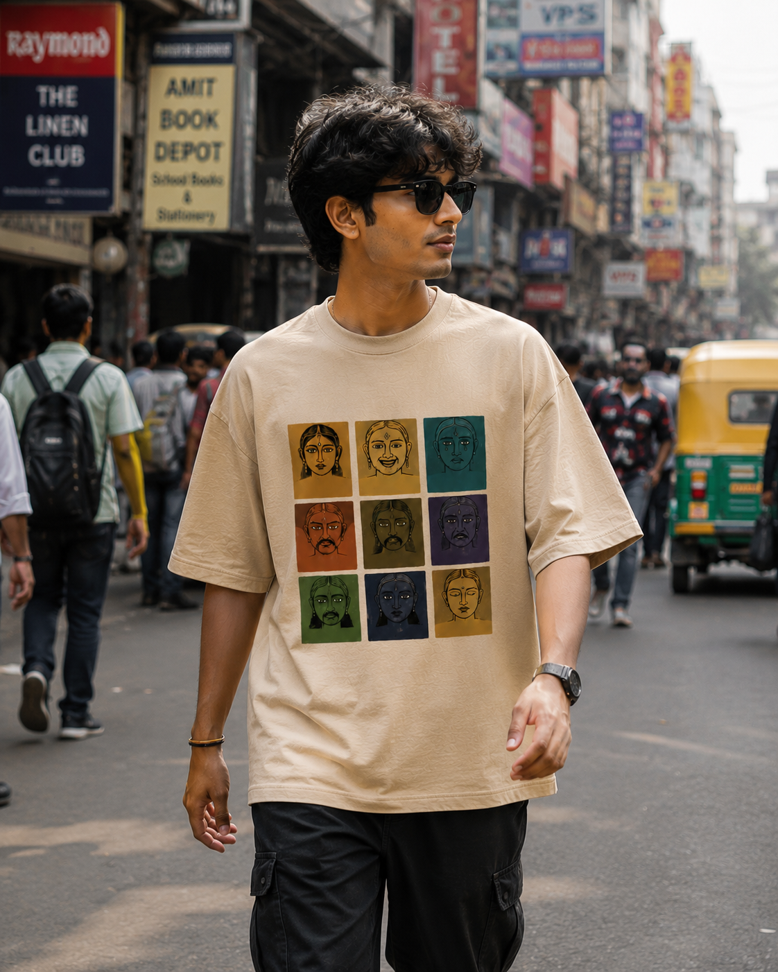 Navraas Earth Tones Tee - male model wearing sand oversized tee on city street