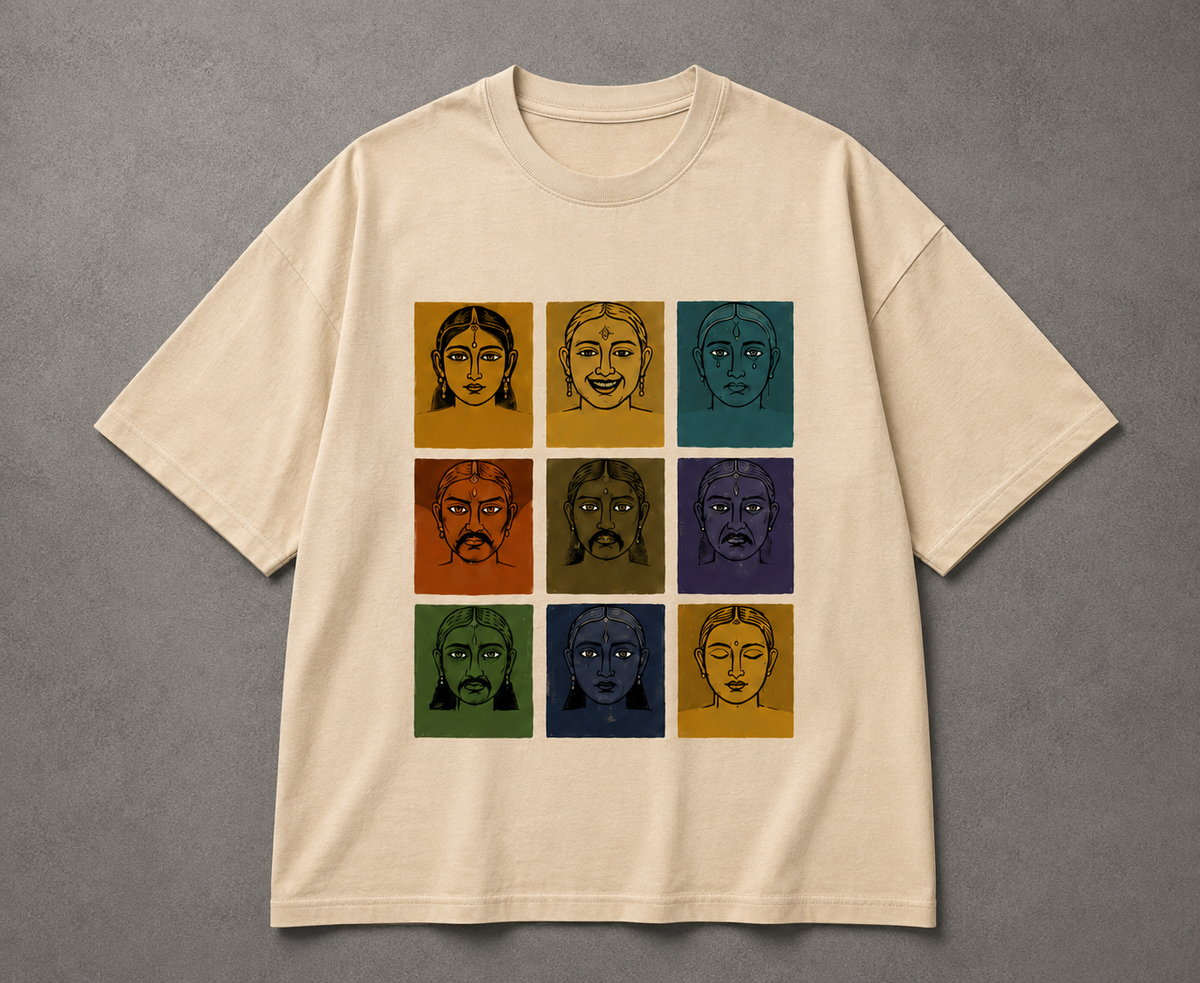 Navraas Earth Tones Tee - flat lay of nine emotions grid in earthy colorway