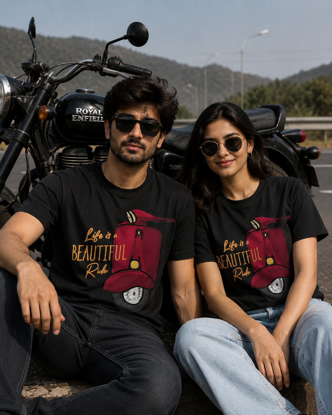 Navraas Life is a Beautiful Ride Tee - man riding Royal Enfield motorcycle