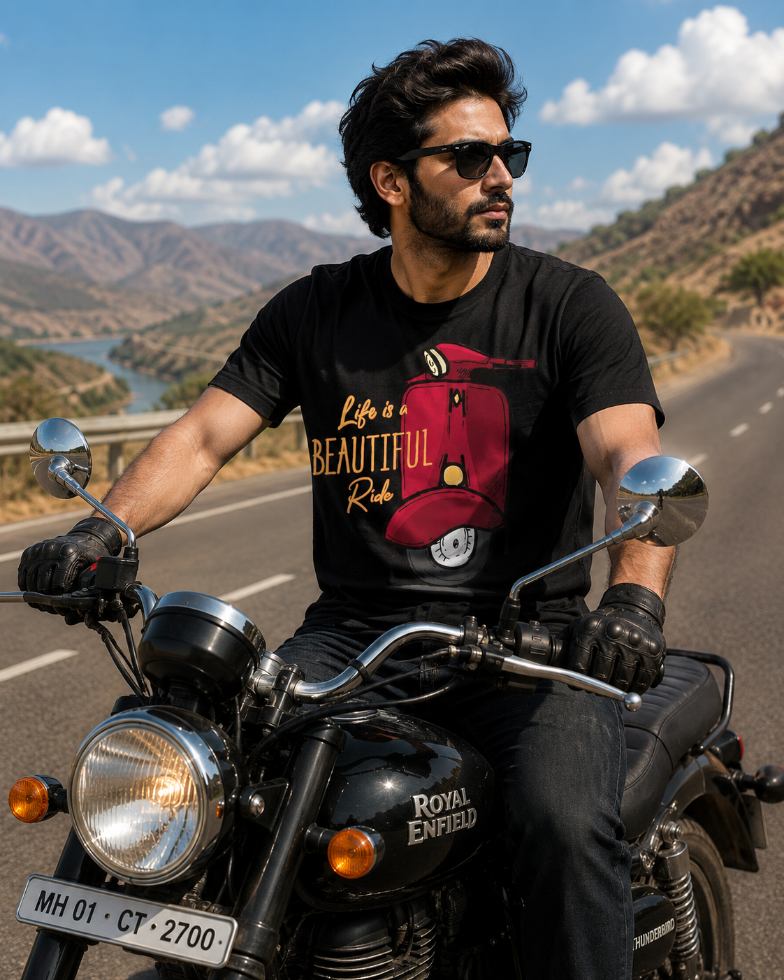Navraas Life is a Beautiful Ride Tee - couple sitting by Royal Enfield motorcycle