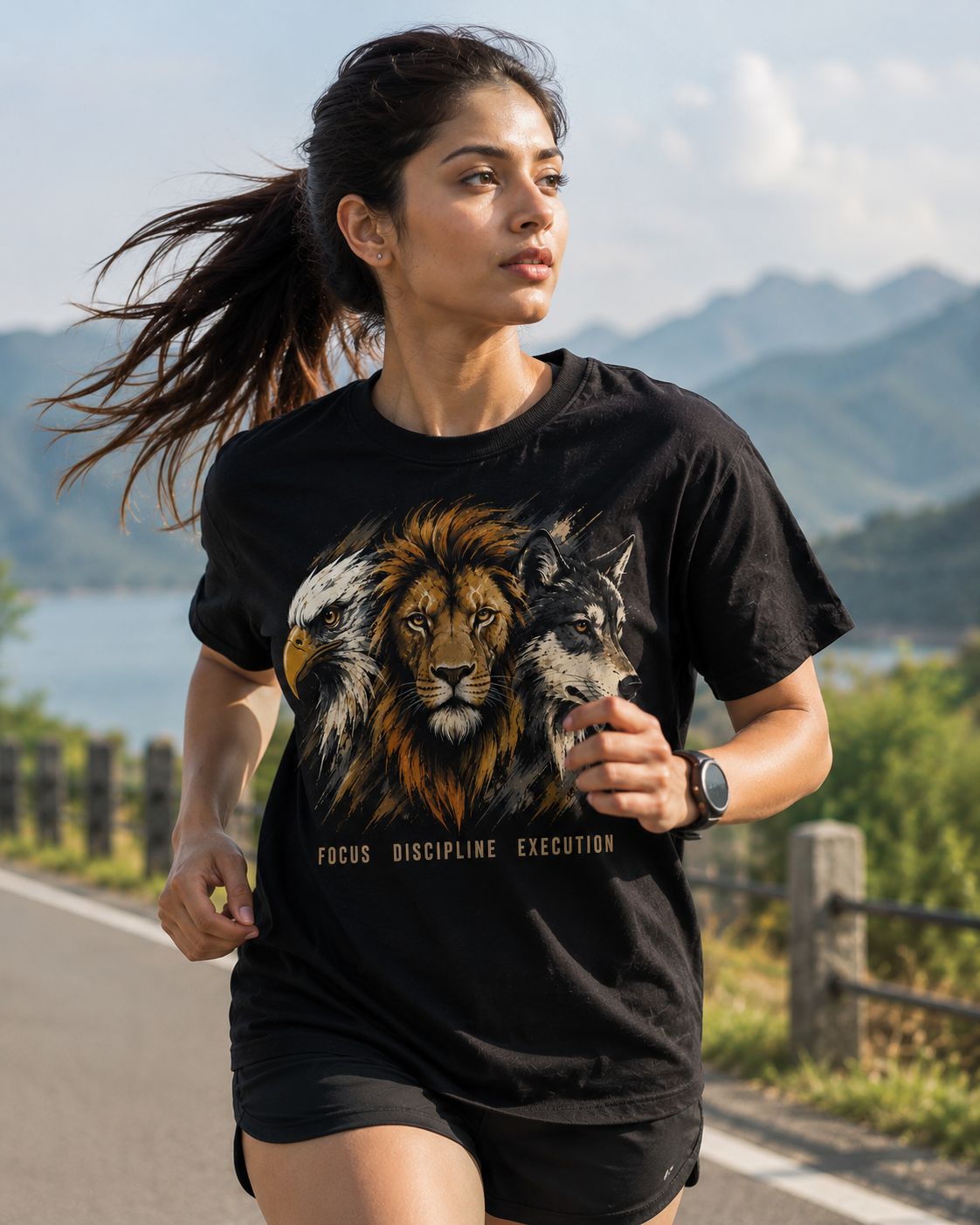 Navraas Veera Trinity Tee - female model wearing black t-shirt
