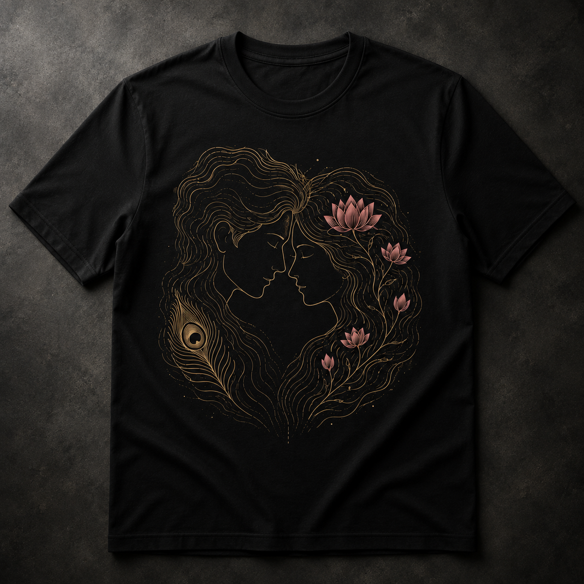 Navraas Eternal Bond Tee - flat lay of Radha Krishna gold linework design on black t-shirt
